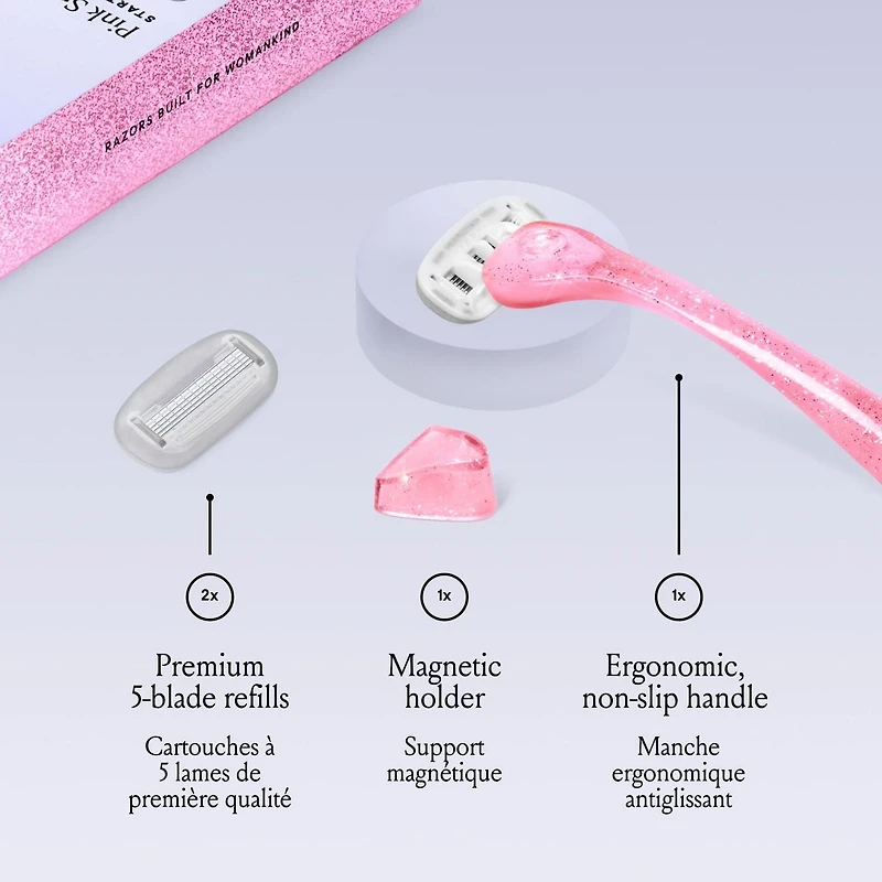 Billie Women’s Razor Kit - 1 Handle + Magnetic Holder + 2 x 5-Blade Refills - Pink Sparkle, 1 Kit