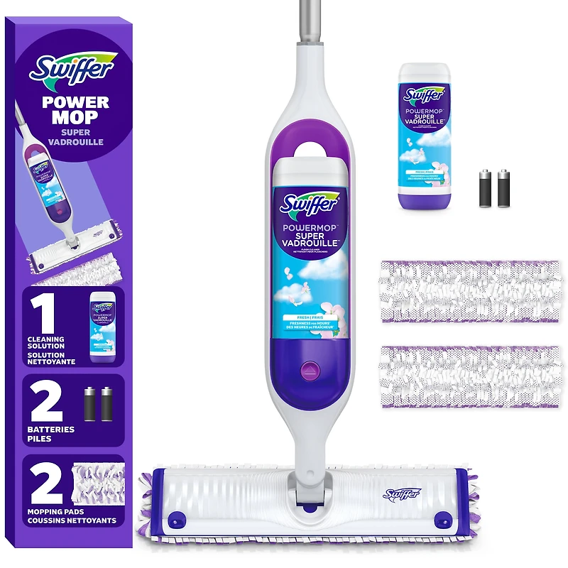 Trousse de nettoyage multisurfaces Swiffer SuperVadrouille pour le nettoyage des planchers parfum Frais la trousse comprend un balai SuperVadrouille 2recharges de coussins nettoyants 1sltin nettoyante