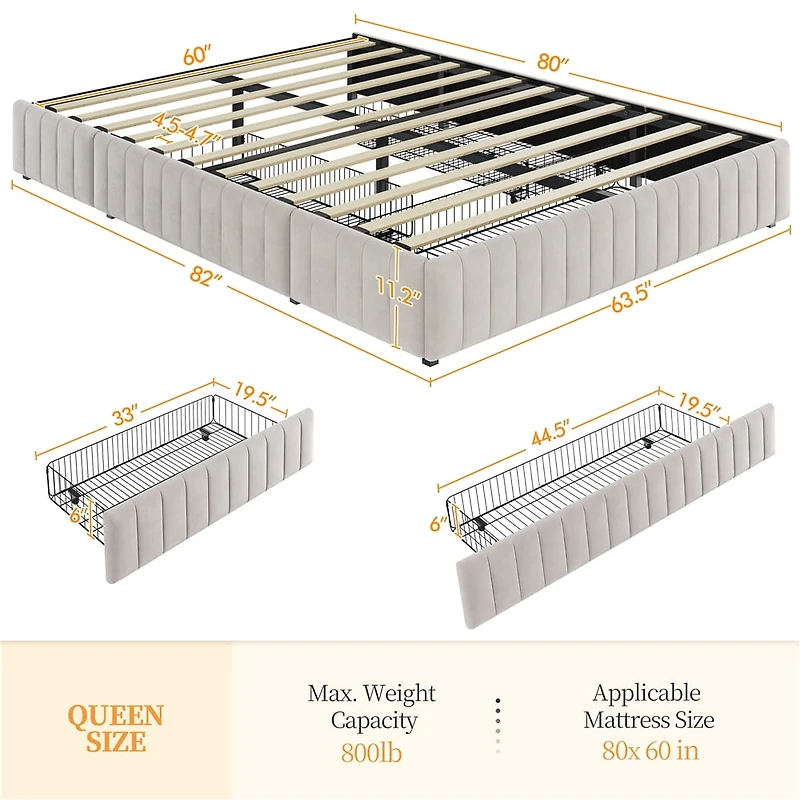Fullfurnique Cadre de Lit Capitonné avec Trois Tiroirs de Rangement, Queen, Beige