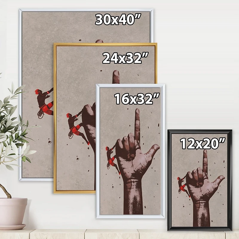 Designart Doigt pointant vers le haut signe avec grimpeur ART MURAL À CADRE FLOTTÉ