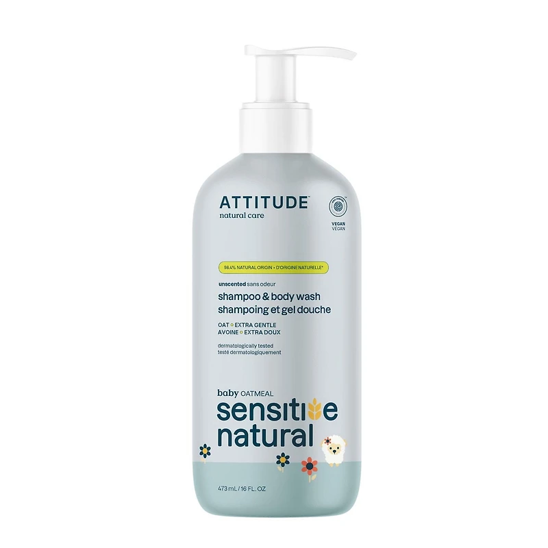 ATTITUDE baby oatmeal sensitive natural, Shampoing et Gel Douche, Sans Odeur, 473 mL