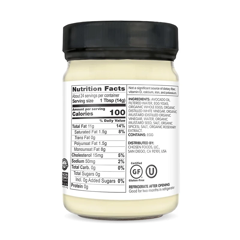 Chosen Foods Mayonnaise fait avec de l'huile d'avocat Chosen Foods Mayonnaise fait avec de l'huile d'avocat