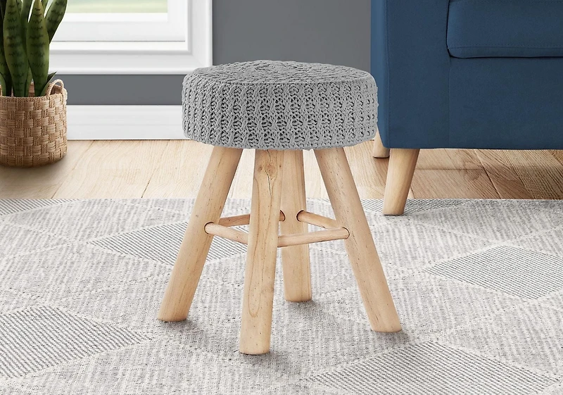 Monarch Specialties Ottoman, Pouf, Footrest, Foot Stool, 12" Round, Velvet, Wood Legs, Grey, Natural, Contemporary, Modern
