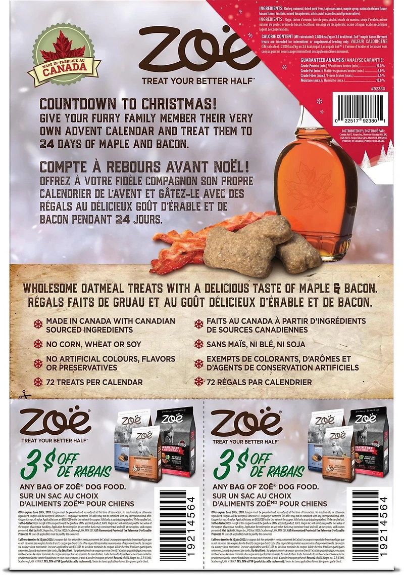calendrier des Fêtes Zoë pour chiens avec régals à l’érable et de bacon