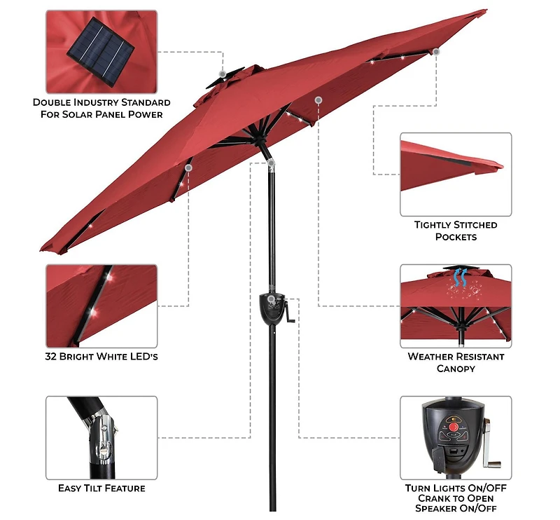 Parapluie solaire rond de 9 pi avec haut-parleur Bluetooth intégré Sun-Ray - Écarlate