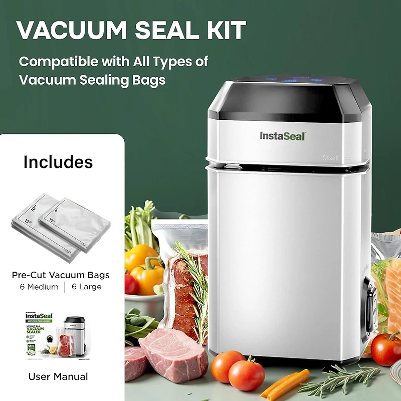 InstaSeal Vacuum Sealer Food Saver Bag Sealer Machine With 12 Food Safe Quart Size Storage Bags Upright Suction Base, Vacuum Sealer
