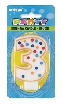 Bougie d'anniversaire numéro "3" à pois Chaque bougie mesure 2" x 3" (largeur x hauteur)