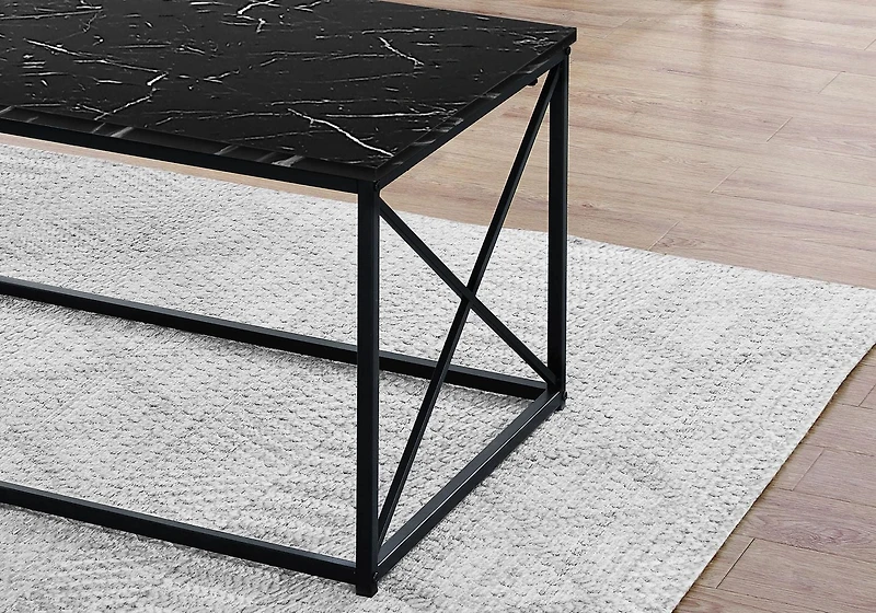 Monarch Specialties Table Set, 3pcs Set, Coffee, End, Side, Accent, Living Room, Metal, Laminate, Black Marble Look, Contemporary, Modern