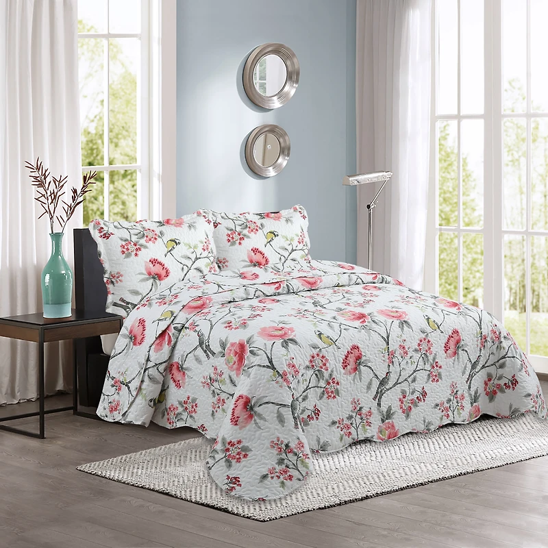 Marina Decoration Rich Printed Stitching Coverlet Bedspread Ultra Soft Summer Bedding Quilt Set with Quilted Sham, Pink Floral and Birds Pattern