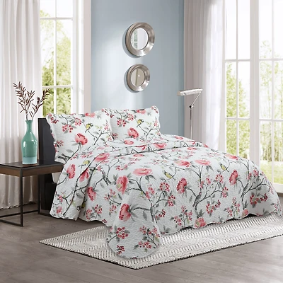 Marina Decoration Rich Printed Stitching Coverlet Bedspread Ultra Soft Summer Bedding Quilt Set with Quilted Sham, Pink Floral and Birds Pattern