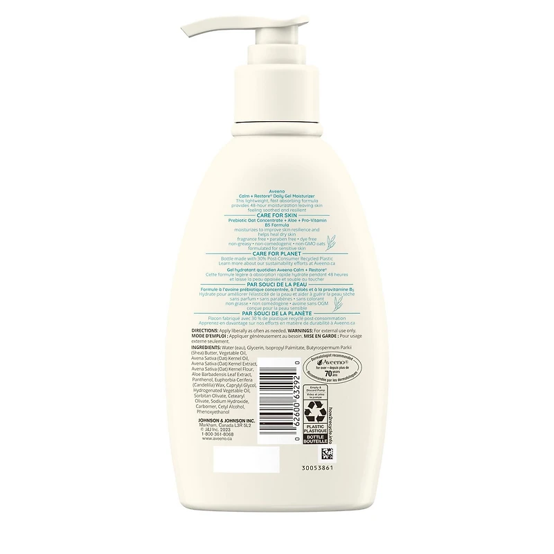 Gel hydratant quotidien Aveeno Calm + Restore, avoine prébiotique, aloès, provitamine B5, soulage la peau sèche et sensible, sans parfum