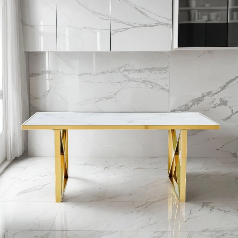 Cordelia Dining Table With Polished Stainless Steel Frame And White Faux Marble Top