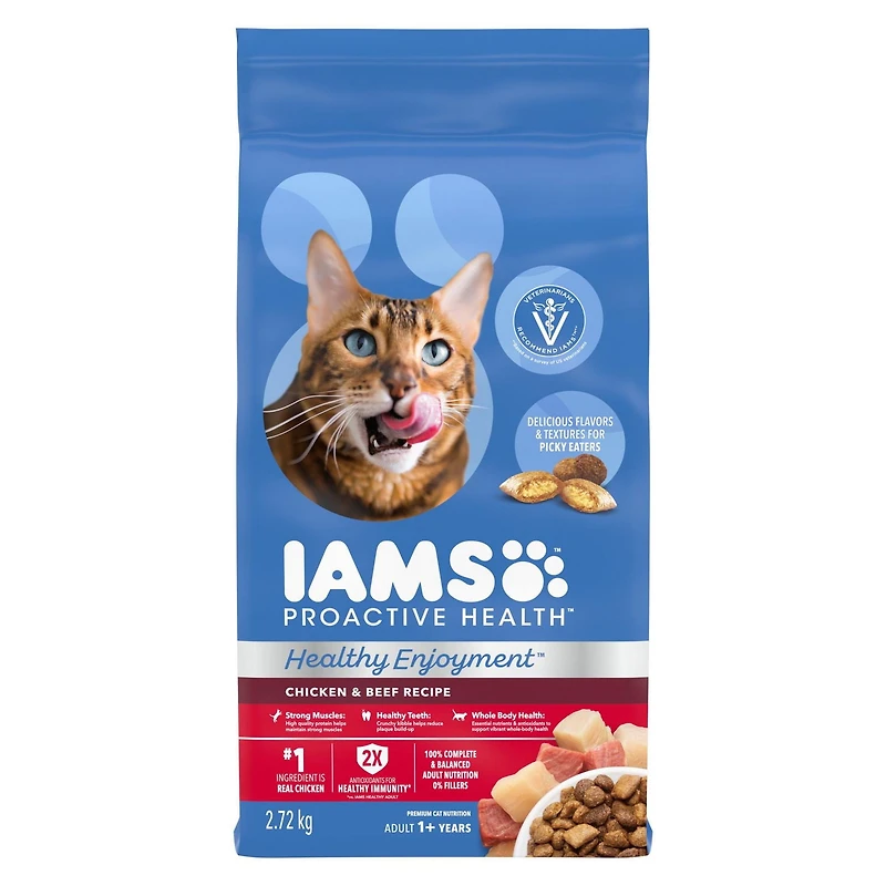 Nourriture sèche pour chats adultes IAMS PROACTIVE HEALTH HEALTHY ENJOYMENT recette au poulet et au bœuf 1,36-2,72 kg