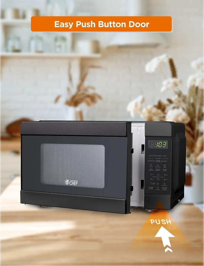 COMMERCIAL CHEF 0.9 Cu Ft Microwave with 10 Power Levels, Push Button and Child Lock, 900 Watt Microwave with Digital Controls, Countertop Microwave with Timer and Quick-Touch Menu, Black
