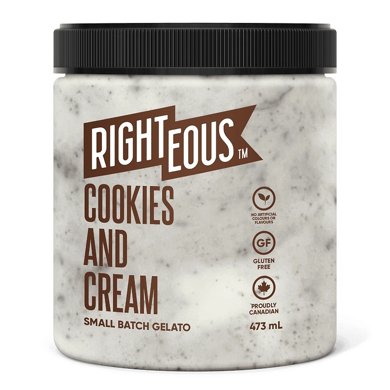 RT COOKIES & CREAM - FRENCH RIGHTEOUS GELATO BISCUITS ET CRÉME-Glace italienne à la vanille parsemée de gaufrettes au chocolat sans gluten.