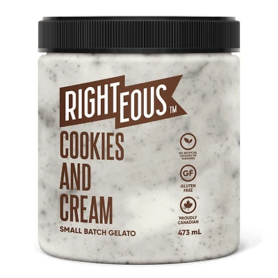 RT COOKIES & CREAM - FRENCH RIGHTEOUS GELATO BISCUITS ET CRÉME-Glace italienne à la vanille parsemée de gaufrettes au chocolat sans gluten.