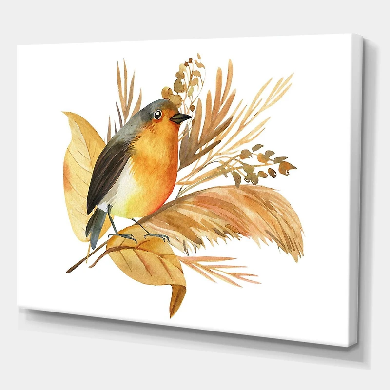 Designart Robin Bird et fleurs d'automne Art mural sur toile