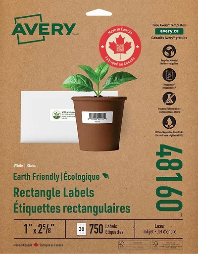 Avery® Étiquettes d'adresse écologiques pour imprimantes à laser ou jet d'encre, 1" x 2⅝", 48160, Etiquettes rectngulaires blanches, paquet de 750