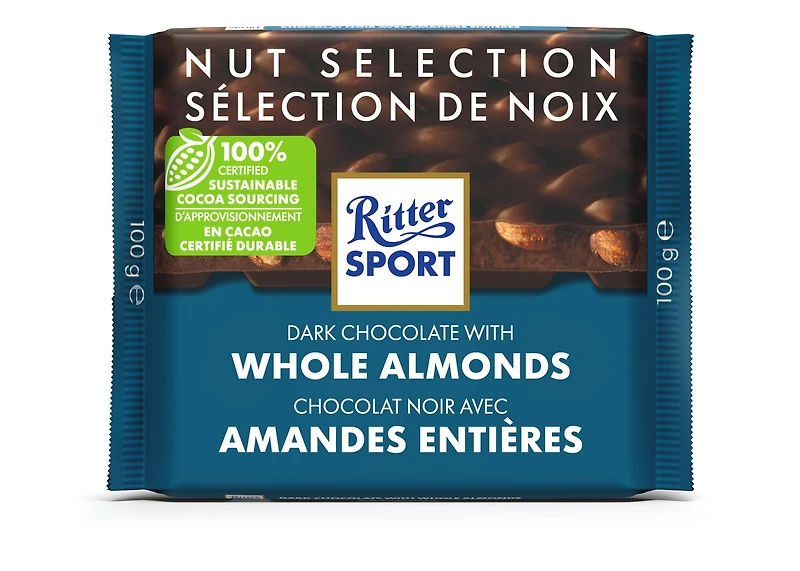 Ritter Sport Dark Chocolate with Whole Almonds, Contains Almonds and Milk, 100 G