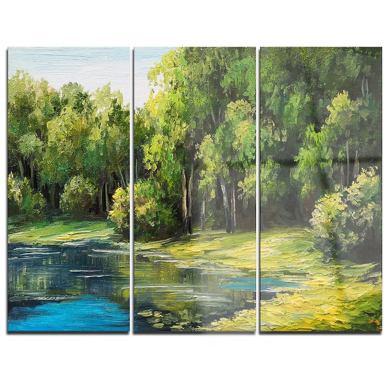 Art mural paysage en métal Design Art Lac d'été dans la forêt à panneaux multiples de taille grande