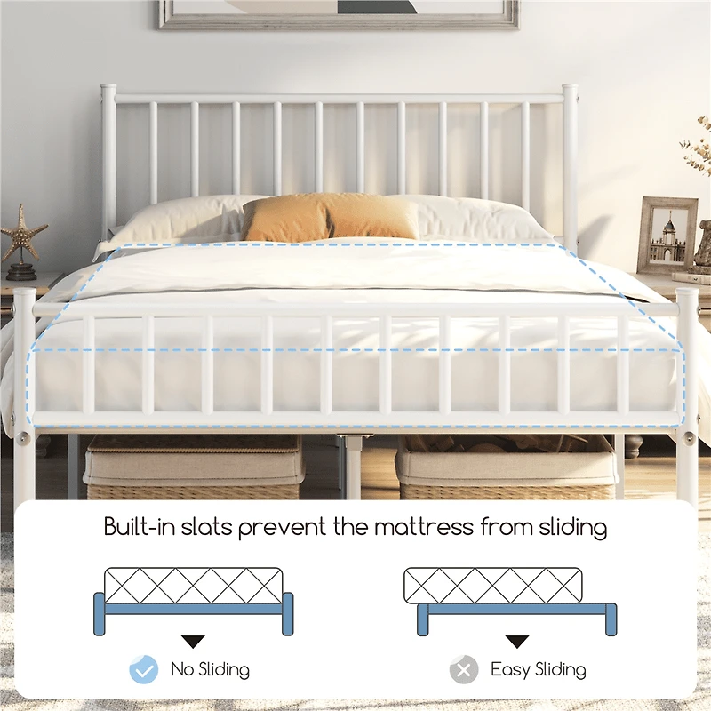 Fullfurnique Minimalist Metal Bed Frame with Vertical Bar Headboard and Footboard, Queen, White