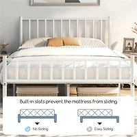 Fullfurnique Minimalist Metal Bed Frame with Vertical Bar Headboard and Footboard, Queen, White
