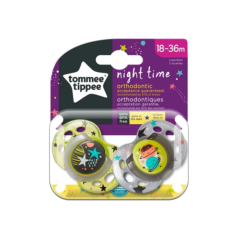 Tommee Tippee Closer to Nature Night Pacifier (Designs Will Vary), 18-36 months, 2 Count