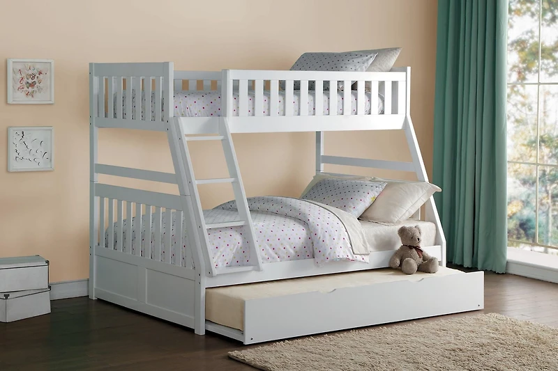 Topline Home Furnishings  White Twin over Full Bunk Bed with Twin Trundle