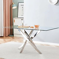 Heavenly Collection Silver Rectangular Tempered Glass Dining Table with Cross Metal Base for Dining Room or Kitchen