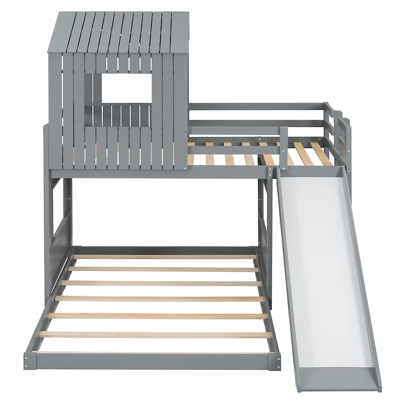 Homy Casa Lit superposé simple sur double, lit maison en bois 89 po avec glissade, garde-corps et lattes, gris