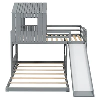 Homy Casa Lit superposé simple sur double, lit maison en bois 89 po avec glissade, garde-corps et lattes, gris