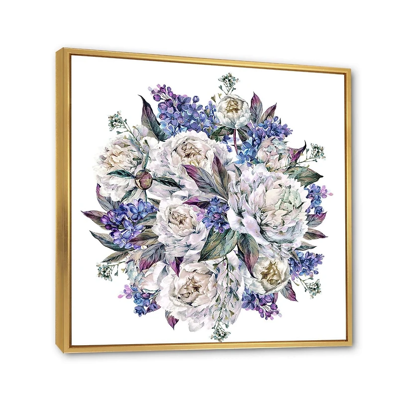 Designart Bouquet Pivoines En Blanc Et Bleu ART MURAL À CADRE FLOTTÉ