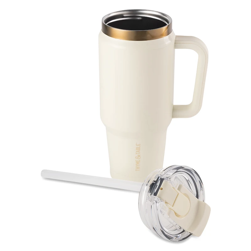 Thyme & Table 32oz Tumbler with Handle, Dual Straw Lid, Stainless Steel Double Wall Insulated, Cream