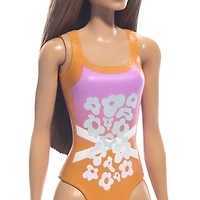 Beach Barbie Doll with Light Brown Hair Wearing Tropical Pink and Orange Swimsuit, Ages 3+
