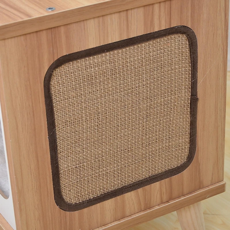 Vibrant Life Modern Laminated Wood Cat Condo with Sisal Scratching Pad, Beige, 16 Inch Vintage T.V. Style Wooden Condo with Toys & Scratcher