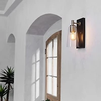Applique murale à 1 ampoule noir mat avec accents en laiton mat et abat-jour en verre transparent