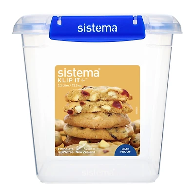 Sistema KLIP IT PLUS Cookie Tub Food Storage Container, 2.2L, Round Airtight Container with Leak-Proof Seal, Easy Locking Clips, BPA-Free, Blue