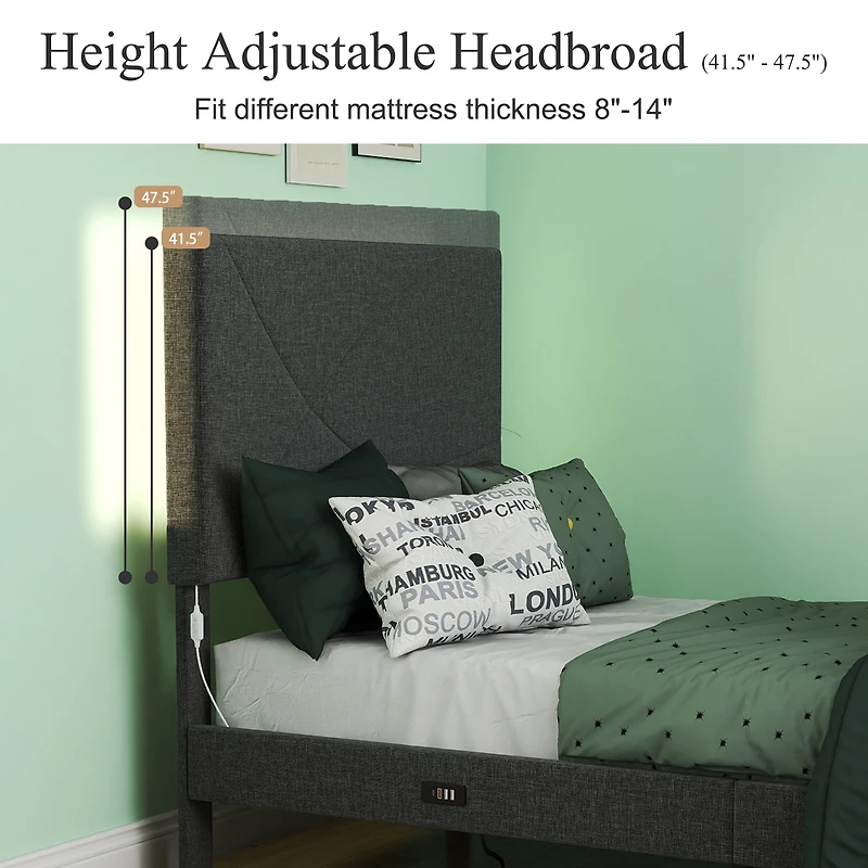 Lit simple rembourré Homy Casa avec chargeur et éclairage DEL, tête de lit moderne, gris
