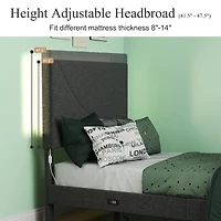 Homy Casa Upholstered Twin Bed with Tech Charging and LED Lights, Modern Headboard, Grey
