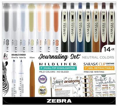 Paquet de 14 surligneurs à double extrémité Mildliner et clip Sarasa Vintage