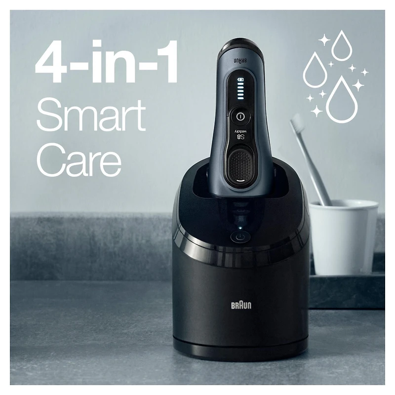 Rasoir électrique Braun Series 8 8453cc pour homme, tête 3+1 avec tondeuse de précision, rasoir électrique, technologie sonique et tête d’adaptation à 40°, centre SmartCare 5 en 1, utilisation sur pea