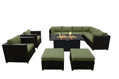Innesbrook Collection 11-Piece Aluminum Patio Conversation Set with Green Cushions and Rectangle Fire Table