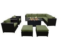 Innesbrook Collection 11-Piece Aluminum Patio Conversation Set with Green Cushions and Rectangle Fire Table