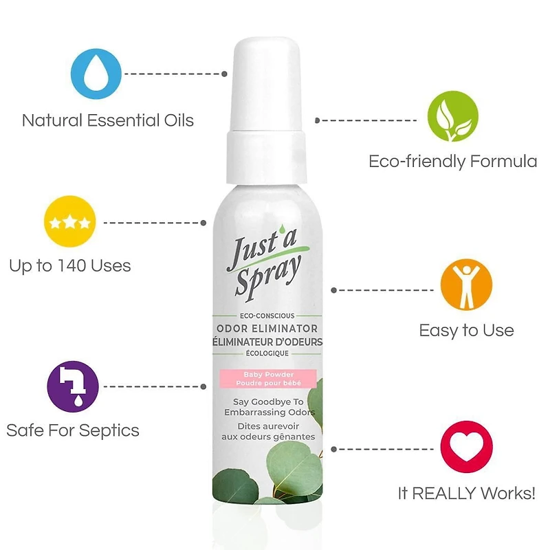 Just'a Spray Éliminateur d'odeurs gênantes, Poudre de bébe, 55 ml, Vaporisateur avant utilisation de la cuvette Just'a Spray Éliminateur d'odeurs gênantes, Poudre de bébe, 55 ml, Vaporisateur avant utilisation de la cuvette, Jusqu'à 400 vaporisations