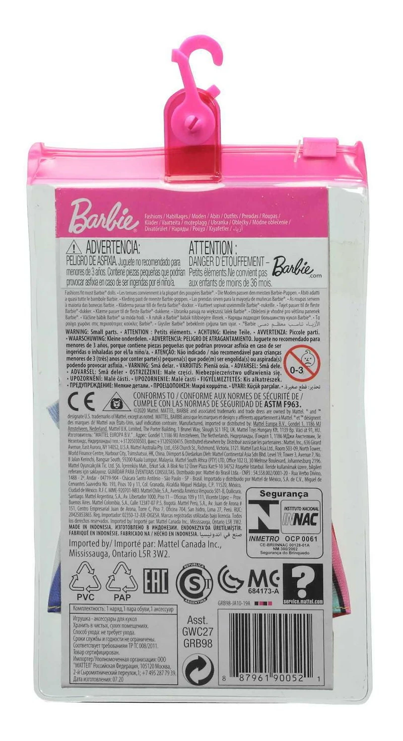 Coffret Tenue Barbie comprenant robe à rayures, sac à main ananas et sandales, vêtements pour poupées