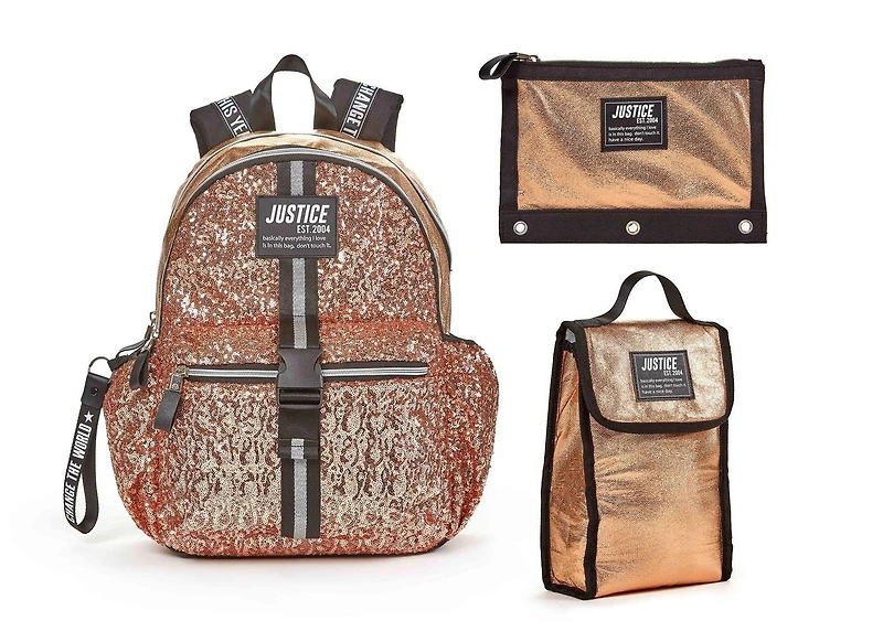 Ensemble économique de sac à dos de 17 po à plusieurs compartiments à paillettes dorées pour filles de marque Justice ™ Comprend un sac à lunch isolé et un étui à crayons