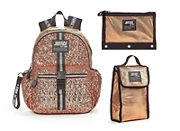 Ensemble économique de sac à dos de 17 po à plusieurs compartiments à paillettes dorées pour filles de marque Justice ™ Comprend un sac à lunch isolé et un étui à crayons