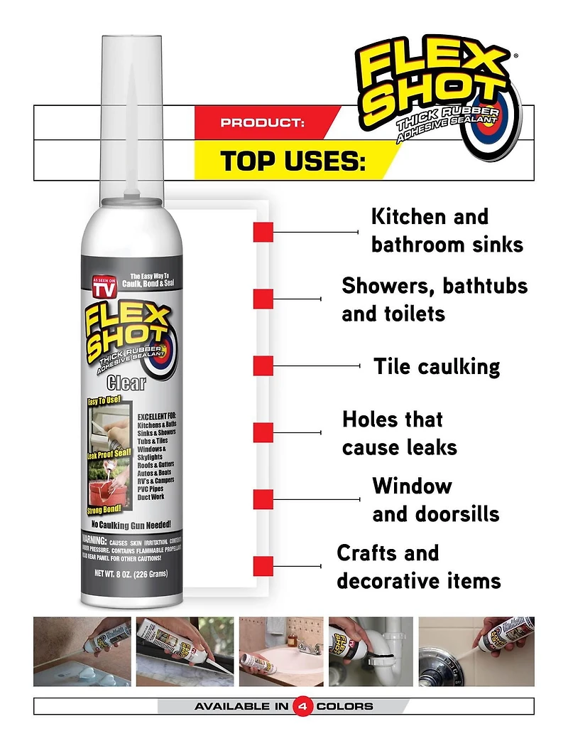 FLEX SHOT CLEAR 8 OZ THICK RUBBER ADHESIVE SEALANT, CAULK, BOND, & SEAL