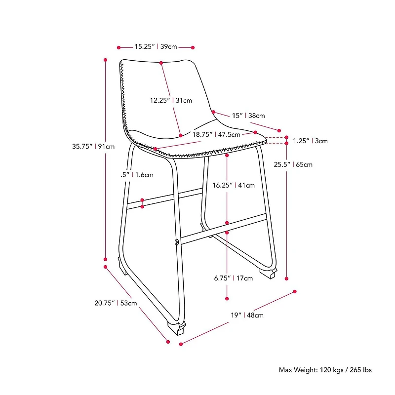 CorLiving Palmer Lot de 2 tabourets de bar d'intérieur modernes à dossier moyen, rembourrés en similicuir et hauteur comptoir