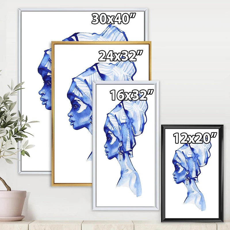 Designart Portrait de mode bleu de femme afro-américaine ART MURAL À CADRE FLOTTÉ